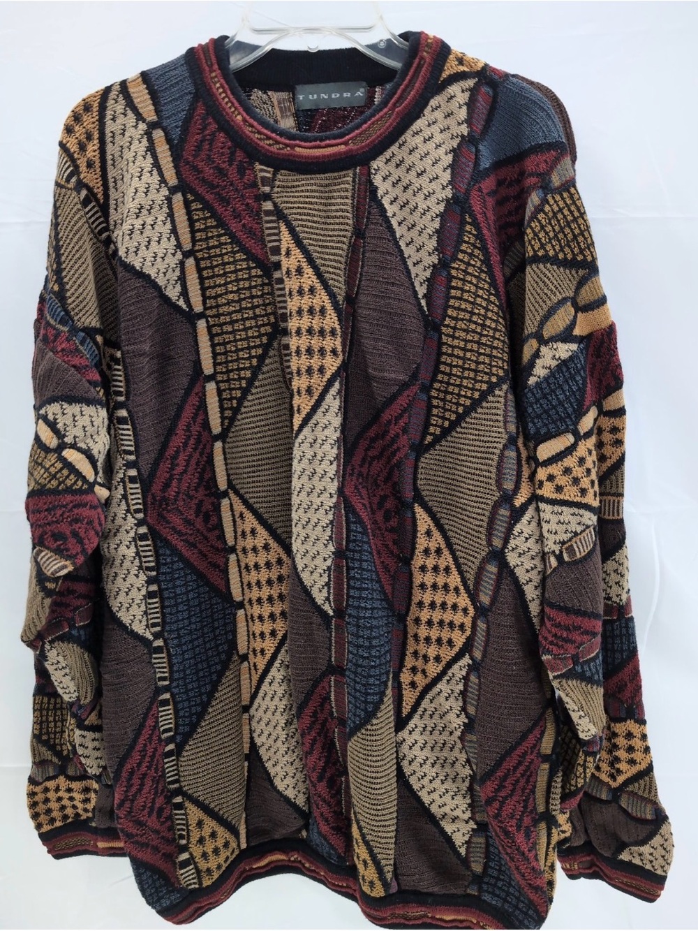 Tundra Multicolor Geometric Knit Sweater - Burgundy, Navy, Tan, Brown, Cream